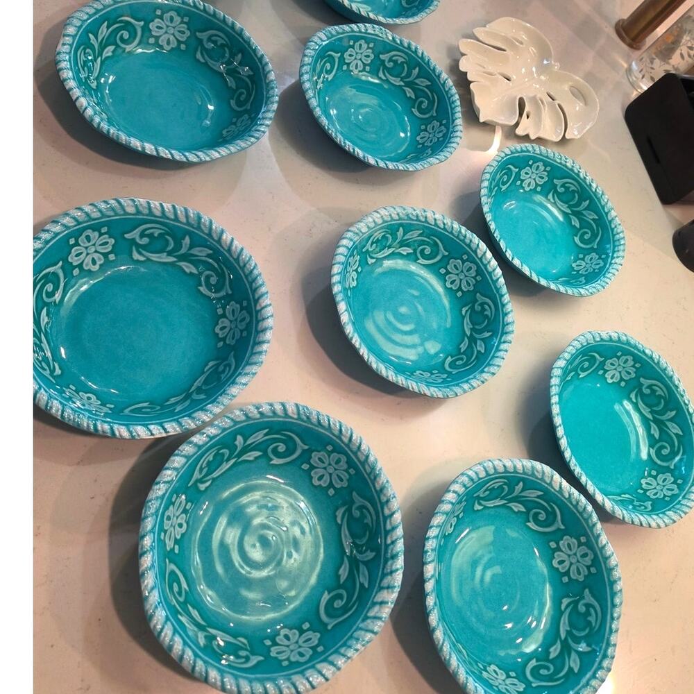 Set of Turquoise Floral Melanine bowls /Italian Style /5 piece